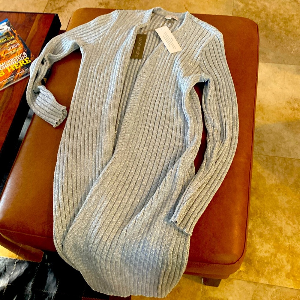 NWT Eva Mendes long silver sparkly sweater coat